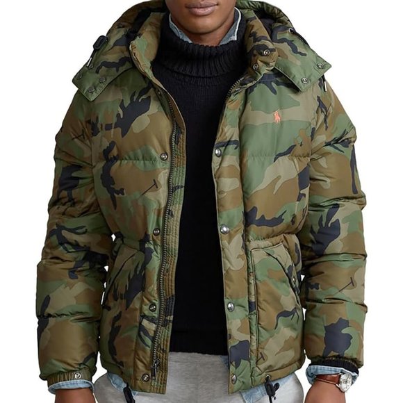 NEW $498 Polo Ralph Lauren Puffer Jacket! M  Camo Down Coat  Orange Polo Player - Picture 1 of 6